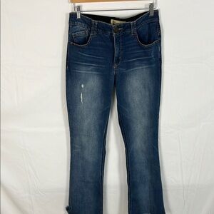 Democracy Blue Flare Wide Leg Jeans with Distressed Details